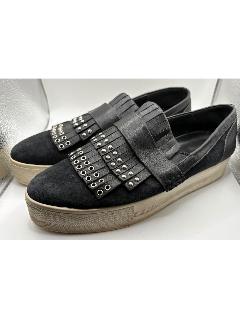 Pedder Red Black Suede Platform Slip-On Shoes w Silver Stud Fringe 38 US 7.5–8